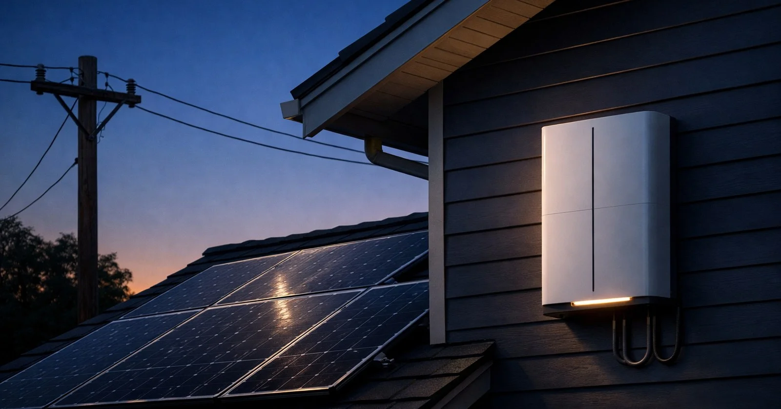 Home with rooftop solar panels and a wall-mounted battery connected to the grid