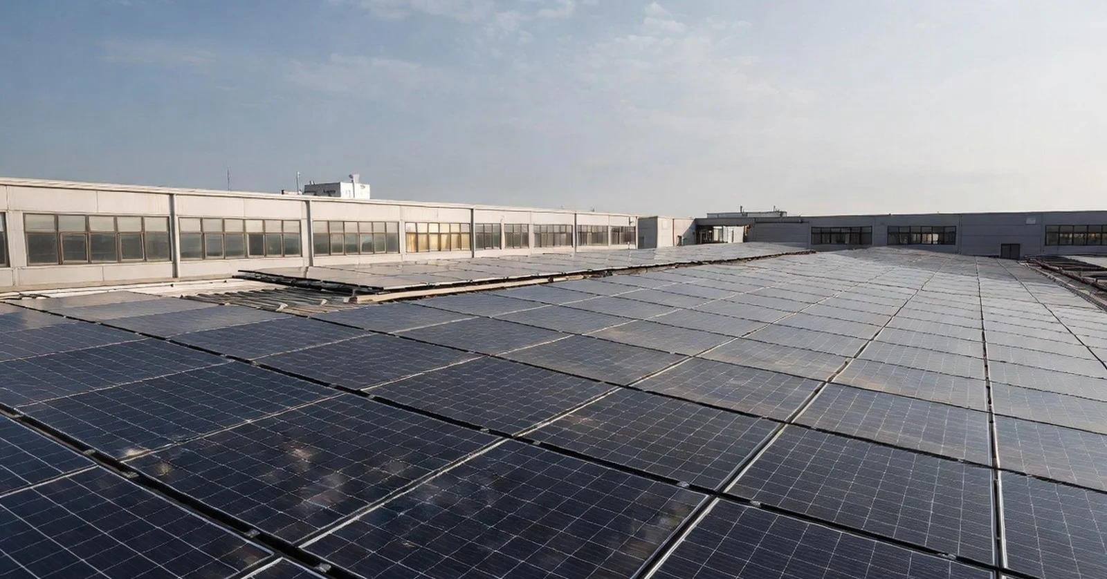 Wide view of a large industrial rooftop solar installation