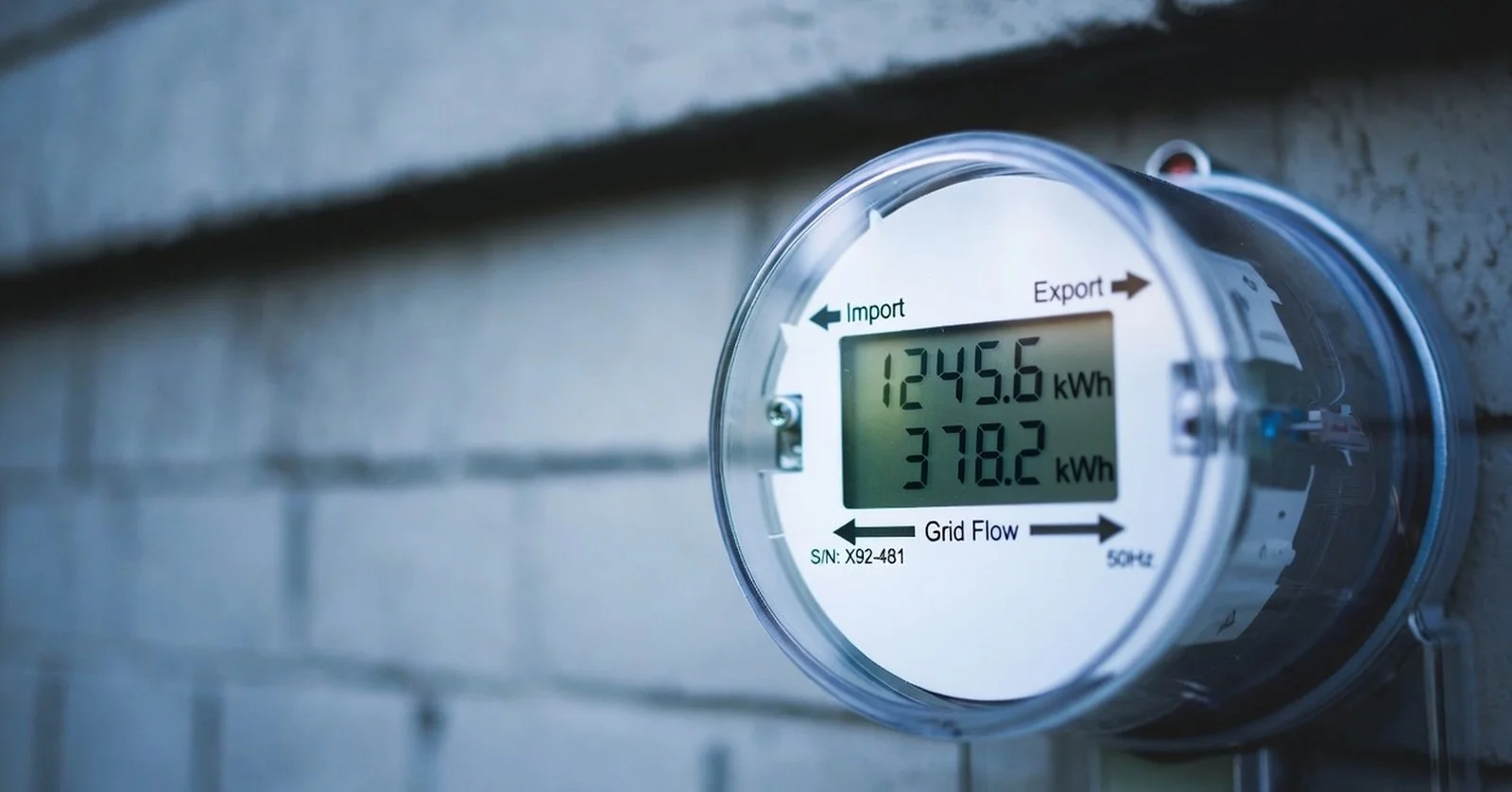 Digital electricity meter showing import and export readings