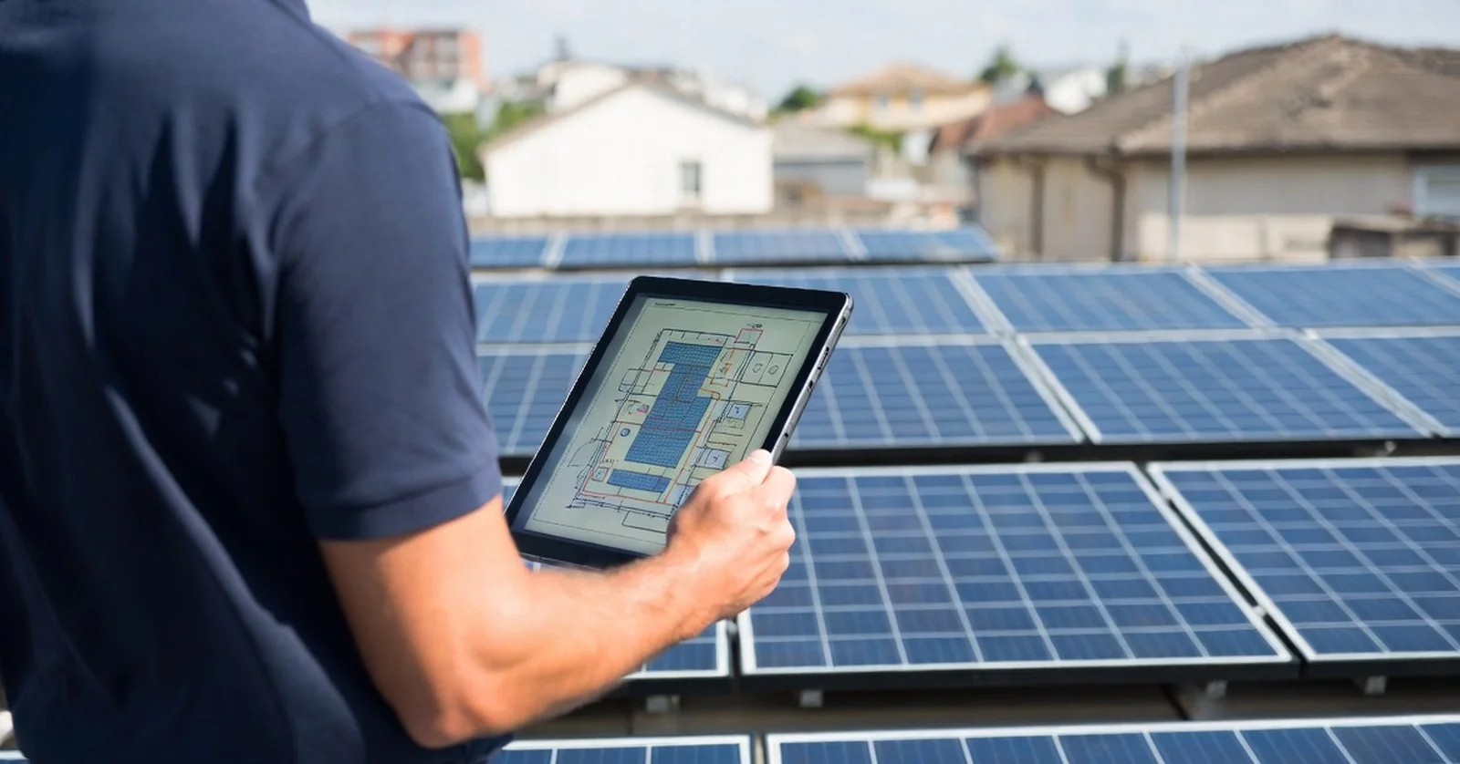 Engineer reviewing a solar system load plan on a tablet on a rooftop